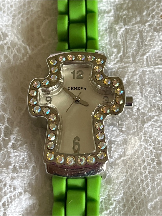 Geneva Accessories - Geneva Silver-Tone Cross Crystal Watch with Bright Green Band
